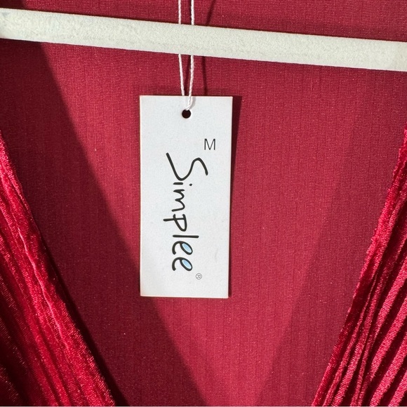 NWT Simplee True Wrap Dress Red Velvet Ribbed Short Sleeves - Picture 9 of 12